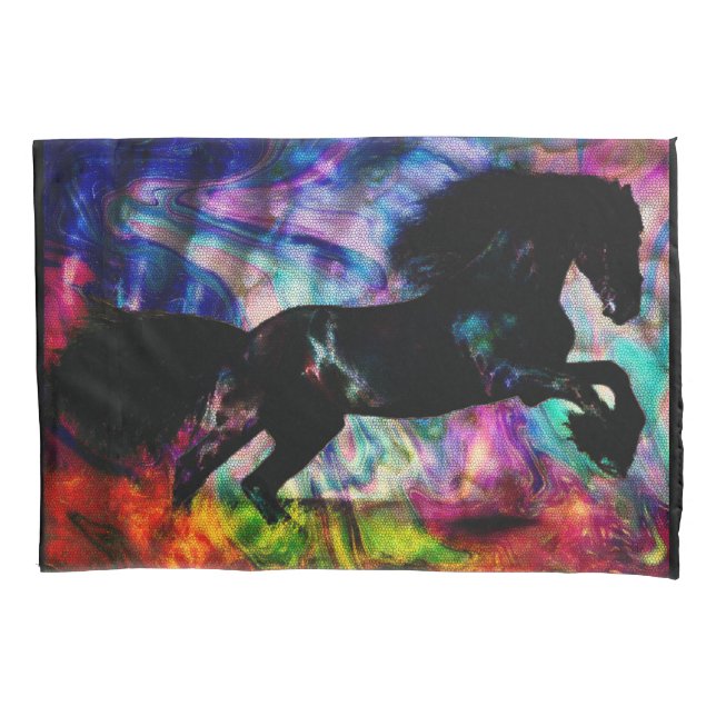 Black Horse Running Though Abstract Fire Pillowcase (Front)