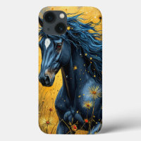 Black Horse Running Through a Vibrant Meadow