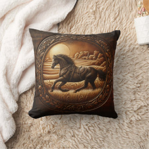 Black Horse Running Through Fields at Sunset Cushion