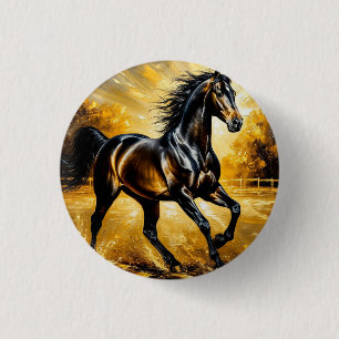 Black Horse Running Through Water in Golden Sunset 3 Cm Round Badge