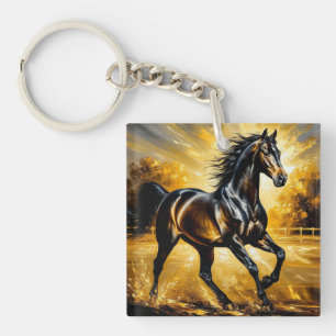 Black Horse Running Through Water in Golden Sunset Key Ring