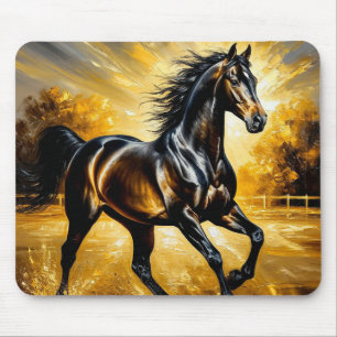 Black Horse Running Through Water in Golden Sunset Mouse Mat