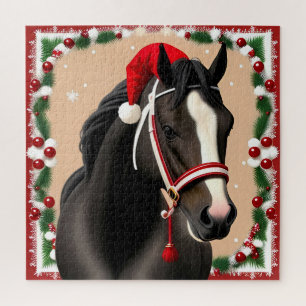 Black Horse Santa Hat Christmas Scene For Holiday  Jigsaw Puzzle