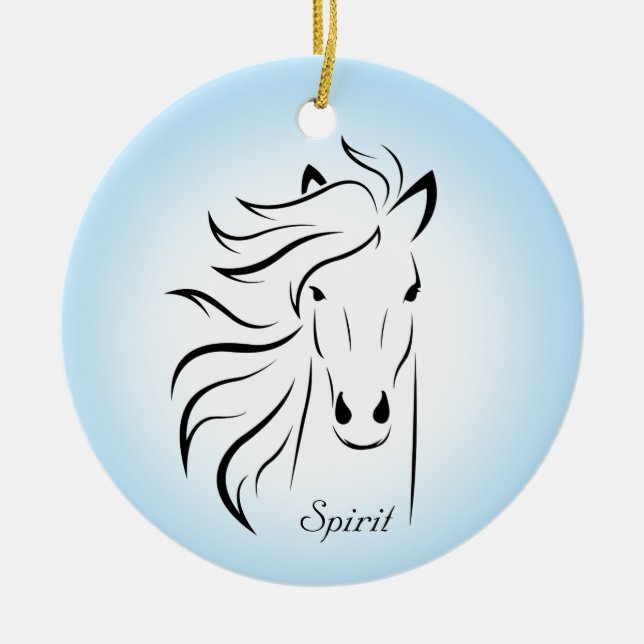 Black horse silhouette on light blue background ceramic tree decoration (Front)