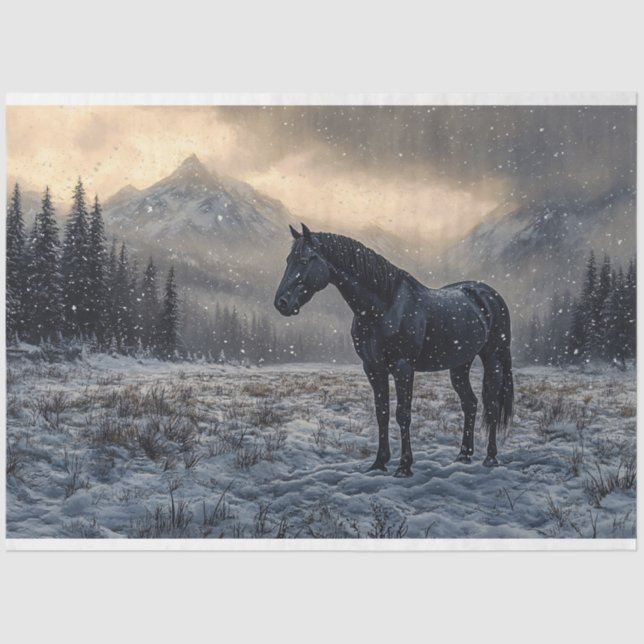 Black Horse Snowy Landscape Scenic Decoupage Tissue Paper (Front)