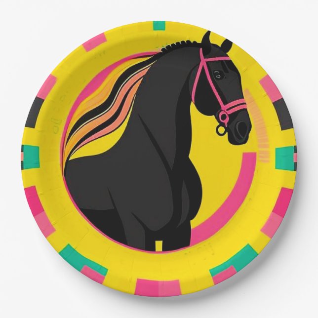Black Horse Stylised Illustration Paper Plate (Front)