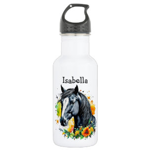 Black Horse Surrounded by Flowers Personalised  532 Ml Water Bottle