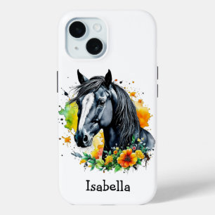 Black Horse Surrounded by Flowers Personalised iPhone 15 Case