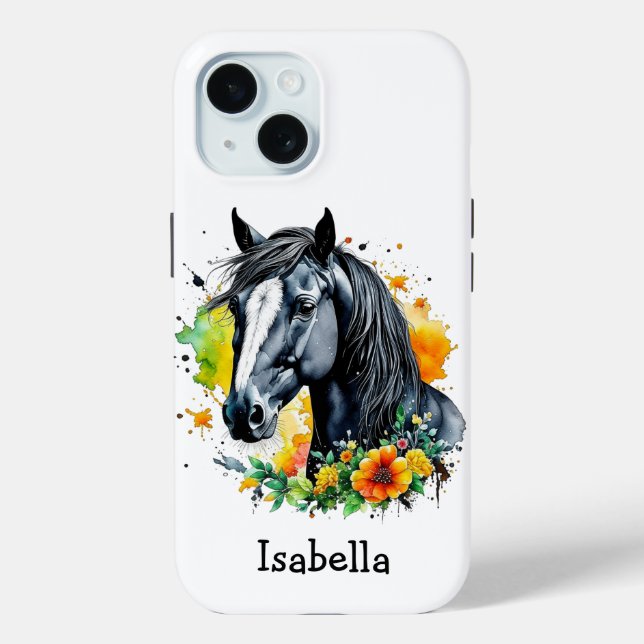 Black Horse Surrounded by Flowers Personalised  Case-Mate iPhone Case (Back)