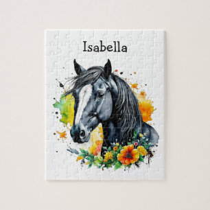 Black Horse Surrounded by Flowers Personalised  Jigsaw Puzzle