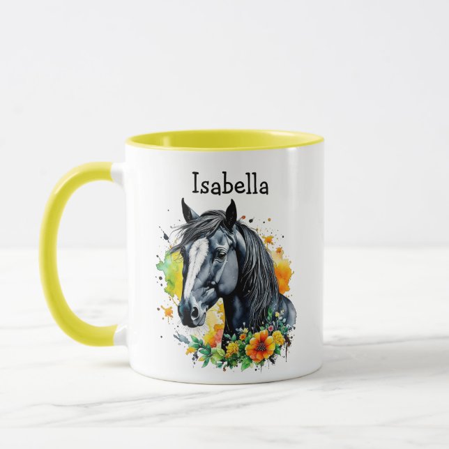 Black Horse Surrounded by Flowers Personalised  Mug (Left)