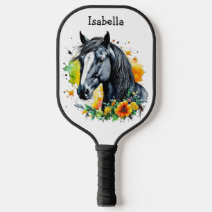 Black Horse Surrounded by Flowers Personalised  Pickleball Paddle
