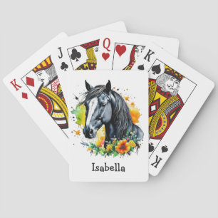 Black Horse Surrounded by Flowers Personalised  Playing Cards