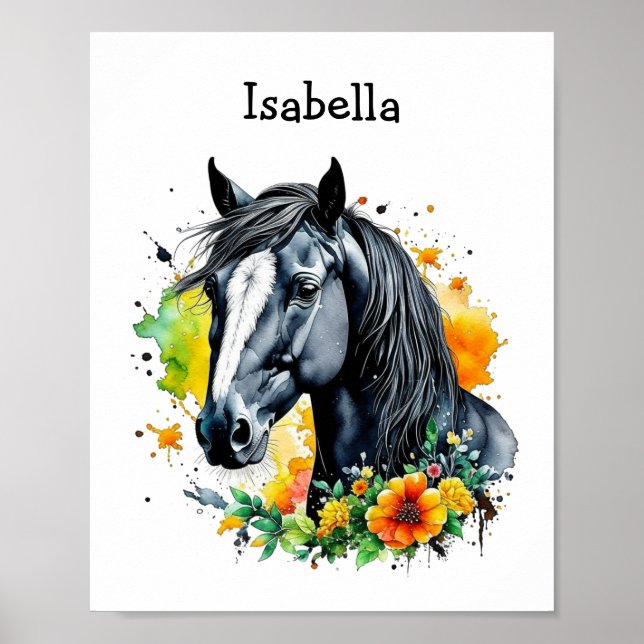 Black Horse Surrounded by Flowers Personalised  Poster (Front)