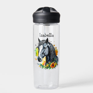 Black Horse Surrounded by Flowers Personalised  Water Bottle