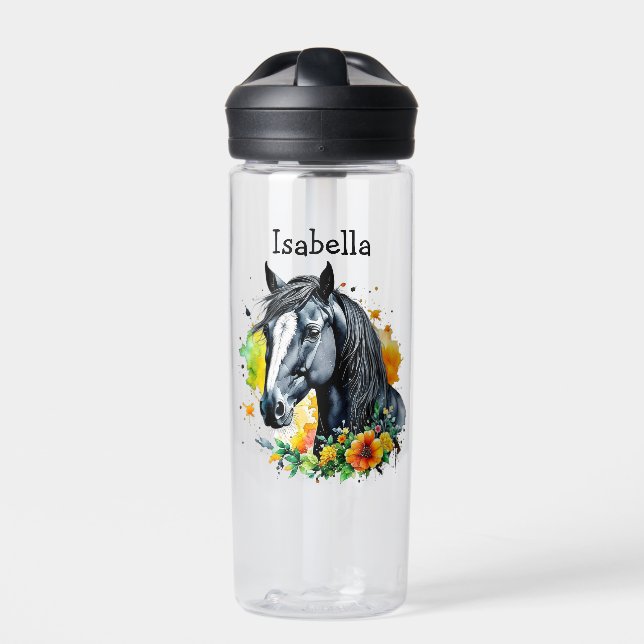 Black Horse Surrounded by Flowers Personalised  Water Bottle (Front)