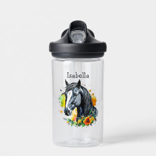 Black Horse Surrounded by Flowers Personalised  Water Bottle