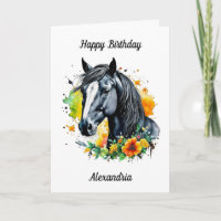 Black Horse Surrounded by Yellow Flowers Birthday
