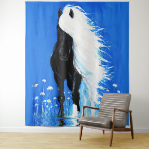 Black Horse White Mane Walking on Water Tapestry