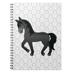 Black Horse Who Is Trotting Cute Cartoon Drawing Notebook