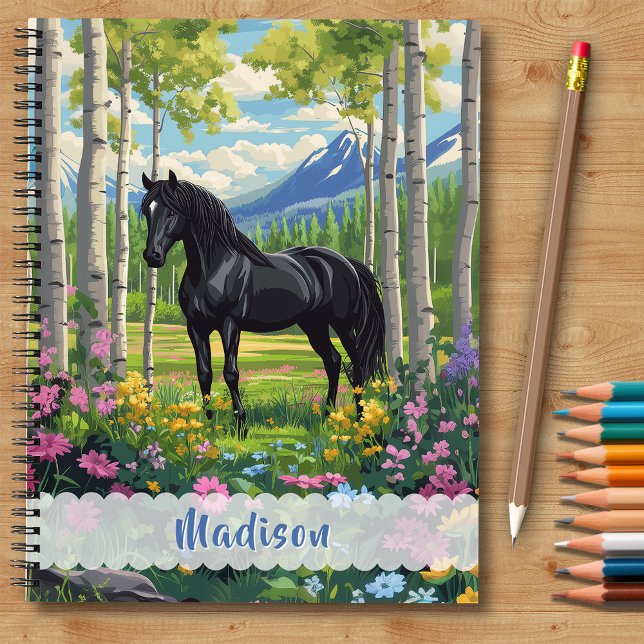 Black Horse Wildflower Girls Pink Purple Kids Notebook (Black Horse Wildflower Aspens Pink Purple Flora Notebook - Personalize name and gift message.)