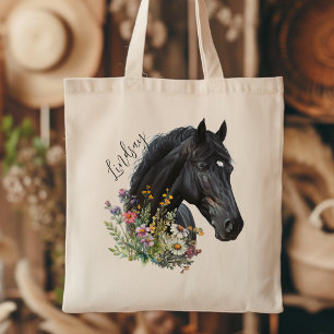 Black Horse Wildflowers w Name Personalisation Tote Bag