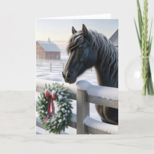 Black Horse With a Snowy Christmas Wreath Holiday Card