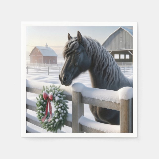 Black Horse With a Snowy Christmas Wreath Napkin (Front)