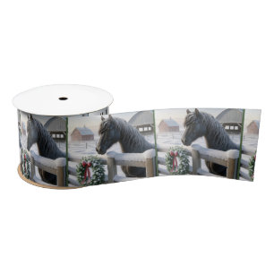 Black Horse With a Snowy Christmas Wreath Satin Ribbon