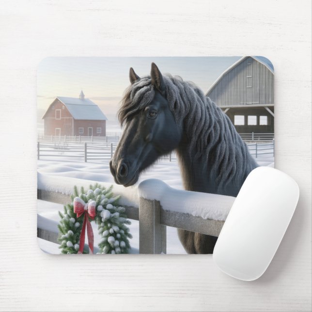 Black Horse With Christmas Wreath Mouse Mat (With Mouse)