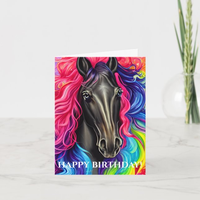 Black Horse with Colourful Mane Birthday Holiday Card (Front)