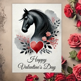 Black Horse with Heart and Flowers Valentine's Day Holiday Card