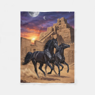 Black Horses Charging Past Ancient Temple Ruins Fl Fleece Blanket