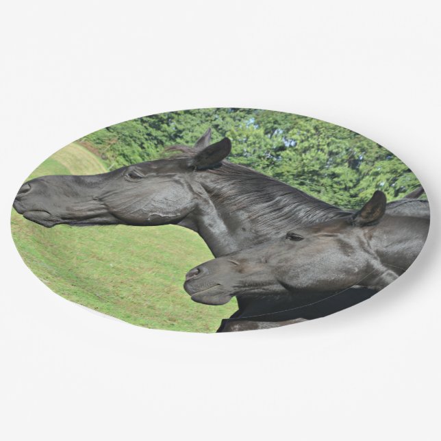 Black Horses in Sunlit Field Paper Plate (Angled)