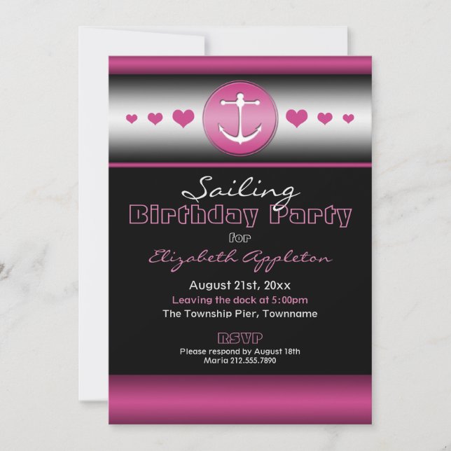 Black & Hot Fuchsia Nautical Birthday Party Invitation (Front)