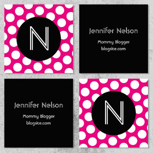 Black Hot Pink and White Polka Dot Monogram Square Business Card