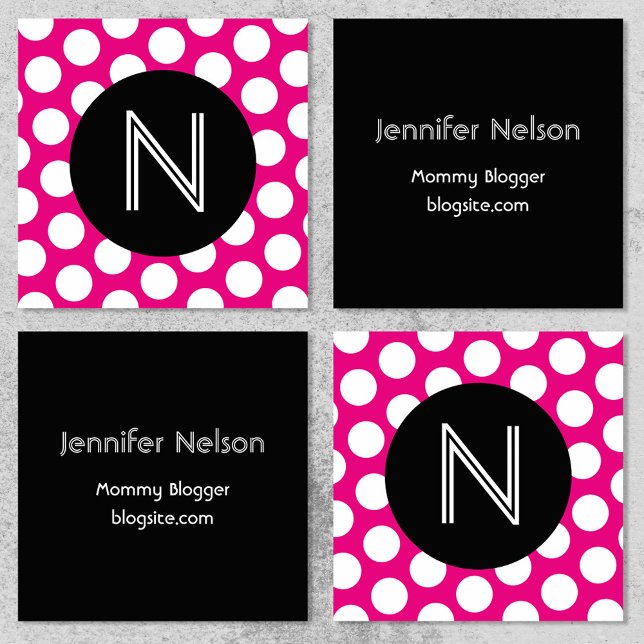 Black Hot Pink and White Polka Dot Monogram Square Business Card (Black Hot Pink and White Polka Dot Monogram Square Business Card)