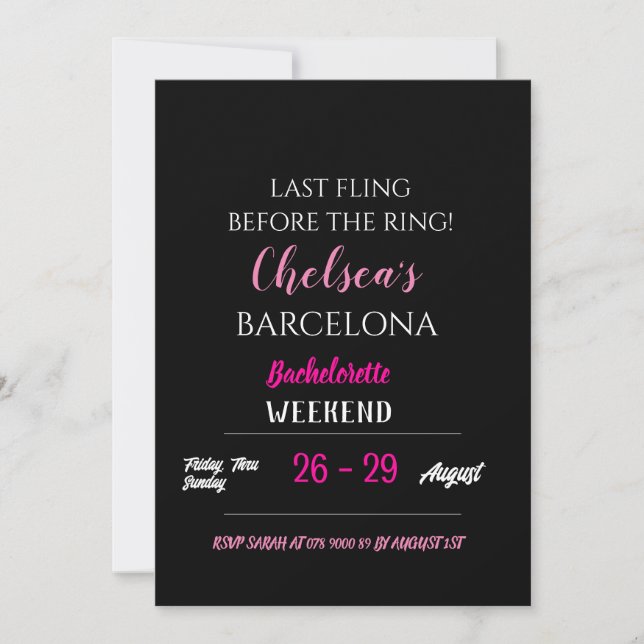 Black Hot Pink Bachelorette Party Itinerary Detail Invitation (Front)