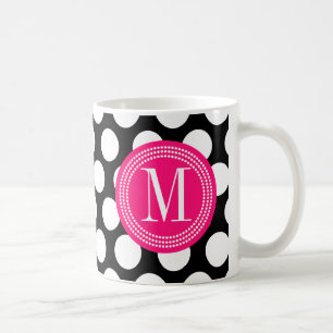 Black & Hot Pink   Big Polka Dots Monogrammed Coffee Mug