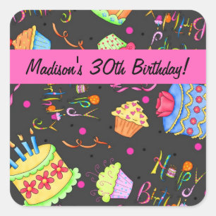Black Hot Pink Cake 30th Birthday Celebration Square Sticker