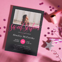 Black & Hot Pink Calligraphy Swirls Photo Sweet 16