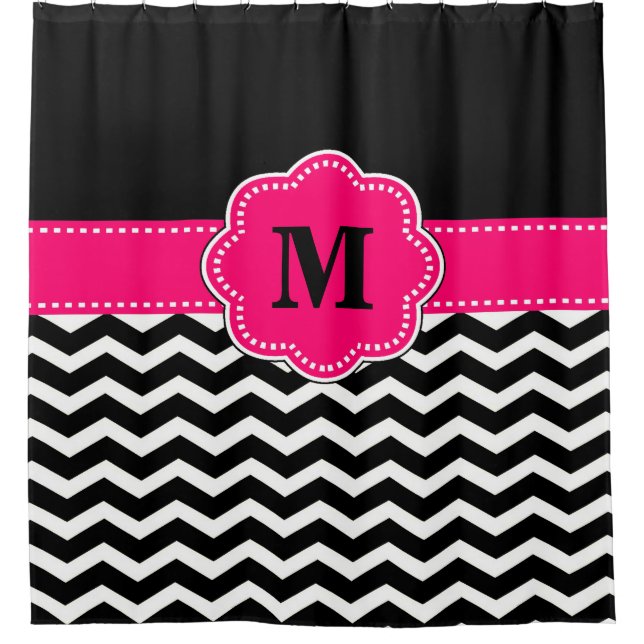 Black hot pink chevron Monogram Shower Curtain (Front)