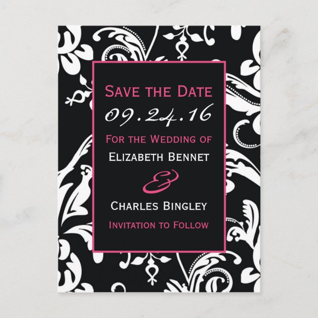 Black & Hot Pink Contemporary Custom Save the Date Announcement Postcard (Front)