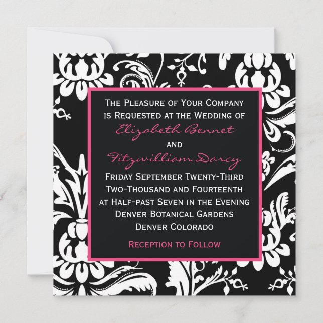 Black & Hot Pink Contemporary Damask Invitation (Front)