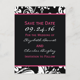 Black & Hot Pink Contemporary Save the Date Wide Announcement Postcard