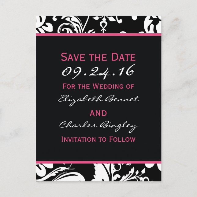 Black & Hot Pink Contemporary  Save the Date Wide Announcement Postcard (Front)