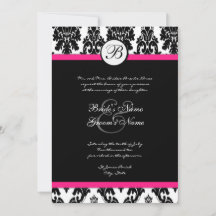Black Hot Pink Damask Wedding Invitation