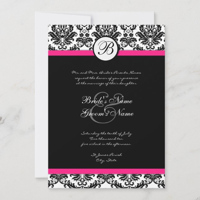 Black Hot Pink Damask Wedding Invitation (Front)