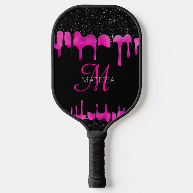 Black Hot Pink Dripping Glitter Monogram Name   Pickleball Paddle (Front)