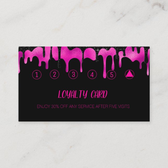 Black & Hot Pink Elegant Drips Glitter Sparkle  Loyalty Card (Front)